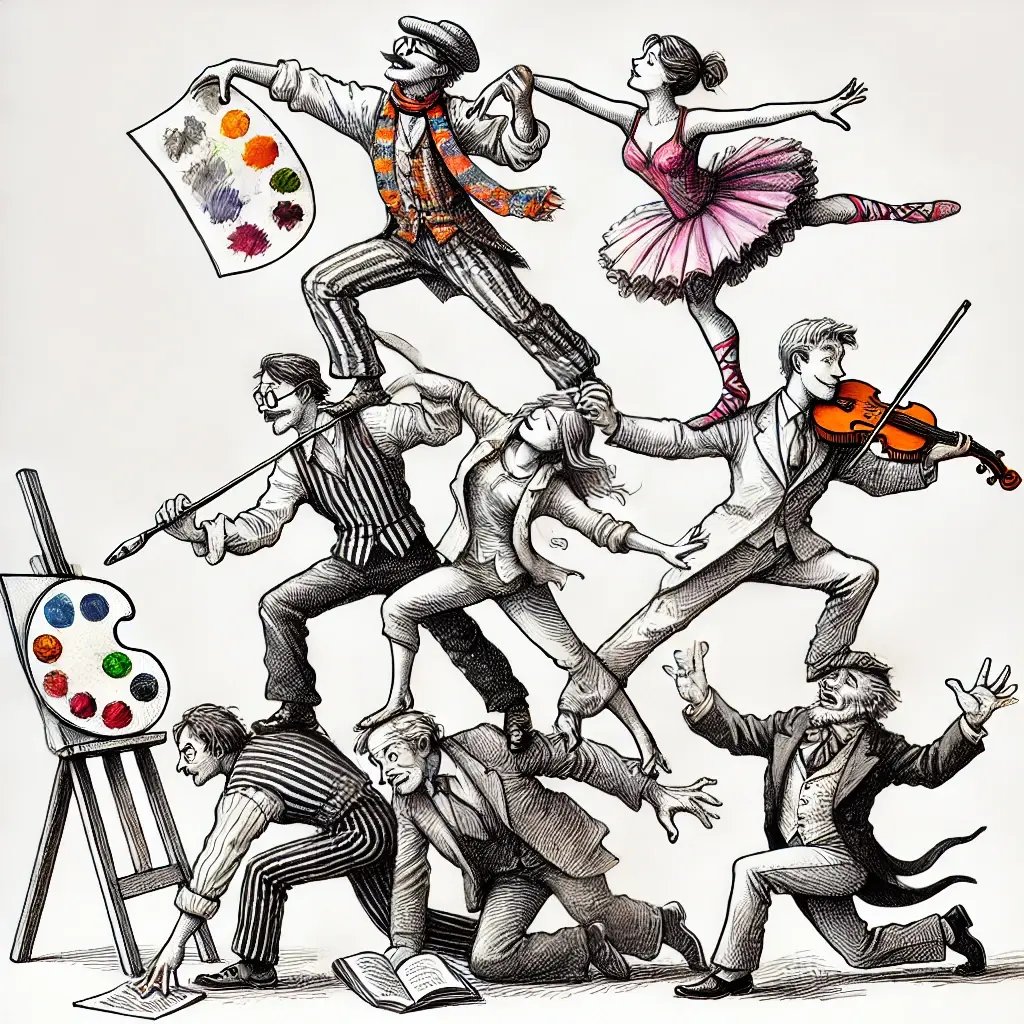 DALL·E 2024-12-02 13.16.53 - A whimsical pen and ink cartoon with watercolor coloring, depicting a human pyramid of diverse creatives, where the characters are clearly balancing o